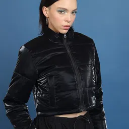 Tokyo Talkies Black Mock Collar Crop Puffer Jacket-picture-26