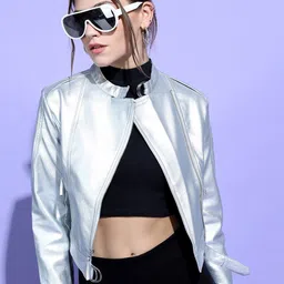 Tokyo Talkies Women Silver Crop Biker Jacket-picture-30