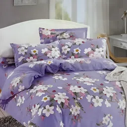 Signature White & Purple Floral 144 TC Queen Bedsheet with 2 Pillow Covers-image-43