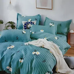 Signature Teal & White Floral 144 TC Queen Bedsheet with 2 Pillow Covers-image-93