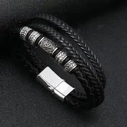MEENAZ Men Silver-Plated Leather Multistrand Bracelet-picture-58