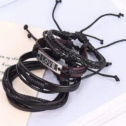 UNIVERSITY TRENDZ Unisex Set of 4 Black Leather Multistrand Bracelets-picture-28