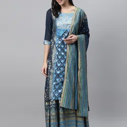 AURELIA Women Blue & Golden Printed Kurta with Skirt & Dupatta-picture-22