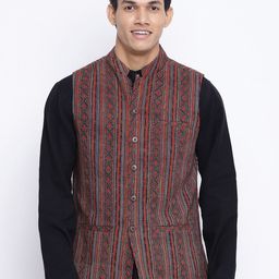 Fabindia Men Red Woven-Design Nehru Jacket-picture-0