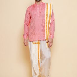 Sethukrishna Geometric Woven Design Straight Kurta With Dhoti Pants & Angavastram-picture-31