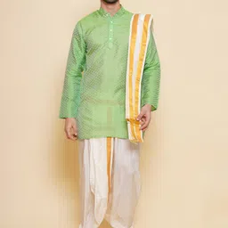 Sethukrishna Geometric Woven Design Straight Kurta With Dhoti Pants & Angavastram-picture-12