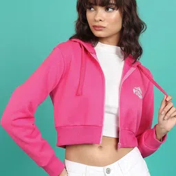 Tokyo Talkies Pink Printed Crop Hooded Sporty Jacket-picture-15