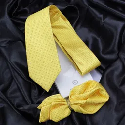 kavove KOVOVE Yellow Printed Neck Tie & Pocket Square Accessory Gift Set-picture-33