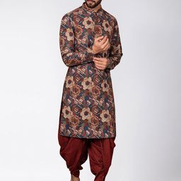 KISAH Men Mandarin Collar Long Sleeves Printed Kurta with Dhoti Pants-picture-35