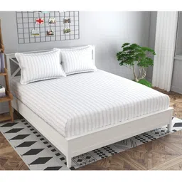 Bajo's Off White Striped 220 TC Flat Cotton Queen Bedsheet with 2 Pillow Covers-picture-26