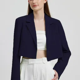 Kotty Navy Blue Crop Notched Lapel Collar Regular Fit Blazer-picture-8