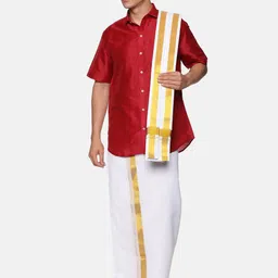 Sethukrishna Men Maroon & White Shirt & Dhoti with Angavastram Set-picture-33