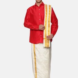 Sethukrishna Men Red & Cream-Coloured Shirt with Dhoti Pants-picture-49