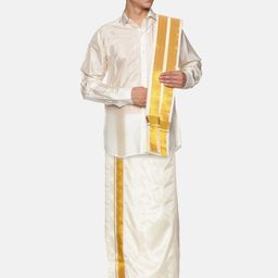 Sethukrishna Men Cream-Coloured & White Solid Shirt with Dhoti-picture-1