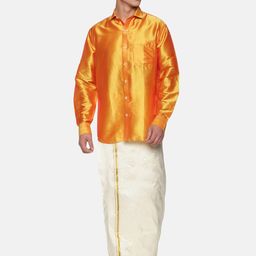 Sethukrishna Men Yellow & White Shirt with Dhoti with Angavastram Set-picture-12
