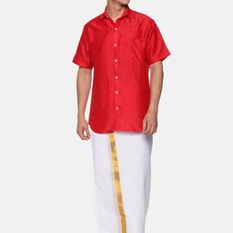 Sethukrishna Men Red & White Pure Cotton Shirt with Dhoti Pants-picture-44