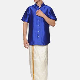 Sethukrishna Men Navy Blue And White Shirt With Zari Border Veshti Dhoti Pant-picture-27