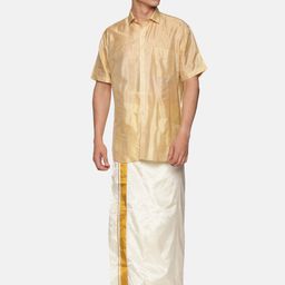 Sethukrishna Men Beige & Cream-Coloured Shirt with Dhoti Pants-picture-11