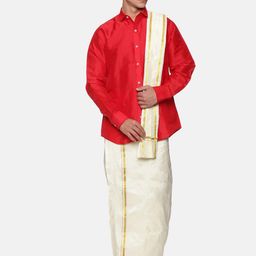 Sethukrishna Men Red & Cream-Coloured Shirt & Dhoti with Angavastram Set-picture-47