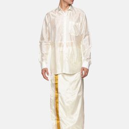 Sethukrishna Men Cream-Coloured & Gold-Toned Shirt with Dhoti Pants-picture-44