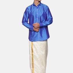 Sethukrishna Men Blue And White Shirt With Zari Border Veshti Dhoti Pant-picture-47