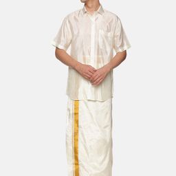 Sethukrishna Men Cream-Coloured & Off White Shirt Dhoti with Angavastram Set-picture-33