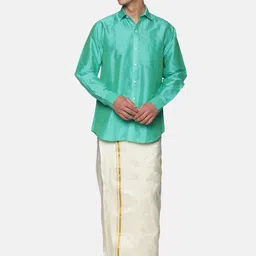 Sethukrishna Men Fluorescent Green & White Shirt with Dhoti Pants-picture-17