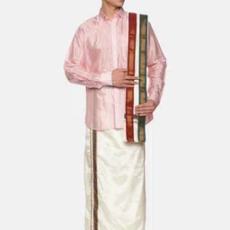 Sethukrishna Men Pink & White Shirt & Dhoti with Angavastram Set-picture-28