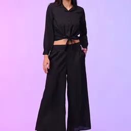 Globus Front Lapel Collar Tie Up Crop Top With Palazzos-image-27