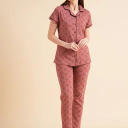 Sweet Dreams Peach-Coloured & White Floral Printed Pure Cotton Night Suits image 1