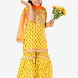 KID1 Girls Yellow Ethnic Motifs Printed Pure Cotton Kurti with Sharara & With Dupatta-image-0