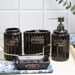 MARKET99 Black 4-Pieces Textured Ceramic Bath Accessories Set image 1