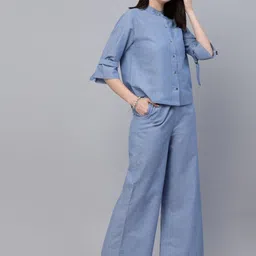 Style Quotient Pure Cotton Chambray Relaxed Fit Shirt With Palazzos Co-Ords image 1