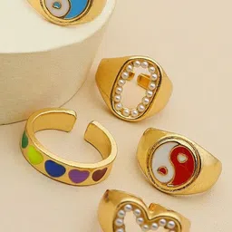 DESTINY JEWELS Set Of 5 Gold Plated Pearl Beaded Brass Adjustable Finger Rings-picture-22