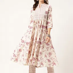 KALINI Floral Printed Mandarin Collar Pure Cotton Empire Anarkali Kurta With Trouser image 1