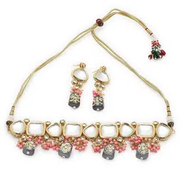 SOHI Gold-Plated White & Peach-Coloured Kundan Studded & Beaded Jewellery Set image 1