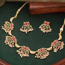 Saraf RS Jewellery Gold-Plated Stone Studded & Beaded Lotus Choker Jewellery Set-picture-37