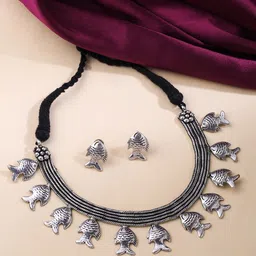 VIRAASI Silver-Plated Oxidised Fish Design Necklace With Earrings image 1