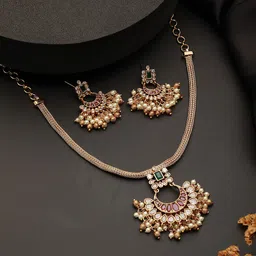 Saraf RS Jewellery 22K Gold-Plated American Diamond-Studded & Beaded Necklace & Earrings-picture-15