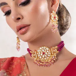 Rubans 24K Gold Plated Handcrafted Kundan Stone & Maroon Beads Choker Set-picture-10