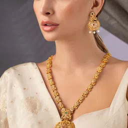 Rubans 24K Gold Plated Ruby & Emerald Stone Studded Temple Necklace Set with Pearl Beaded image 1