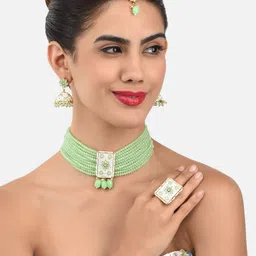 Zaveri Pearls Gold-Plated Green Kundan Studded Jewellery Set-picture-32