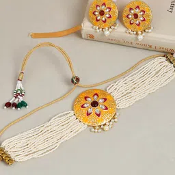 Silvermerc Designs Gold-Plated & White Meenakari Pearl Choker Jewellery Set-image-28