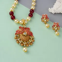 Yellow Chimes Peacock Design Kundan Studded Jewellery set-picture-10