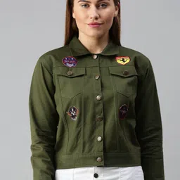 VOXATI Women Olive Green Crop Denim Jacket with Patchwork-picture-22