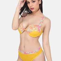 CURWISH Self Design Laced Heavily Padded Underwired Bra With Bikini image 4