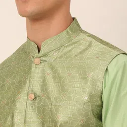 Jompers Men Pista Green & Gold Woven Design Sleeveless Nehru Jacket image 5