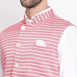 VASTRAMAY Men Red & White Striped Slim-Fit Nehru Jacket image 4