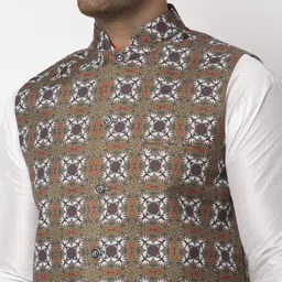 Benstoke Men Olive Green & White Printed Woven Nehru Jacket image 5