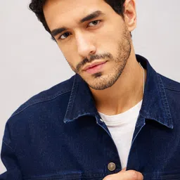 MASCLN SASSAFRAS Navy Blue Washed Spread Collar Long Sleeves Cotton Relax Fit Denim Jacket image 4